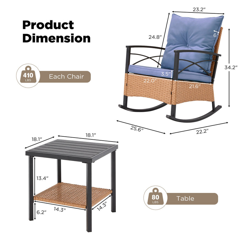 3-Piece Bistro Set: Outdoor Rattan Rocking Chairs with Cushions and Coffee Table