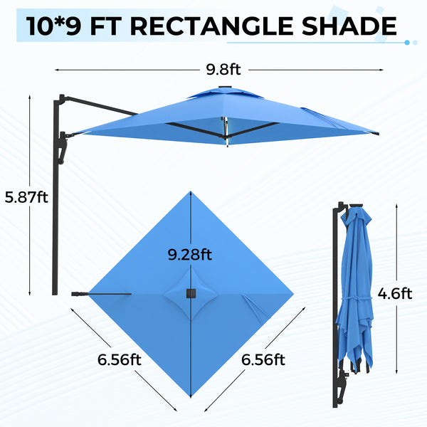 AECOJOY 10 ft Wall Mounted Patio Umbrella Outdoor Rectangle Umbrella with 180° Rotation for Outside in Blue