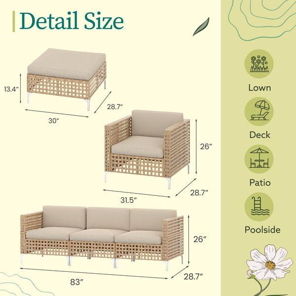 YODOLLA 5-Piece Patio Furniture Set, Boho Style Rattan Wicker 3-Seater Sofa Couch & Single Sofa Couch with Table In Beige