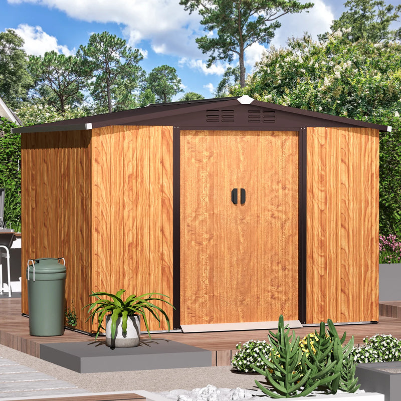U-MAX 8 x 6 ft. Wood Grain Outdoor Metal Storaged She with Lockable Door Patio Garden Storage Building for Outside
