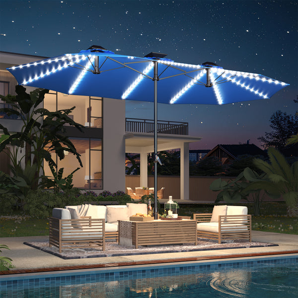 YODOLLA 15ft Patio Umbrella with Solar Lights, Outdoor Large Double Umbrella with 156 PCS LED Lights and Crank Handle for Backyard Deck Pool Shade, Dark Blue