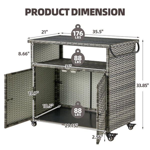 YODOLLA Outdoor Wicker Bar Table with Wheels & Shelf Patio Serving Table Outdoor Storage Cabinet, Gray