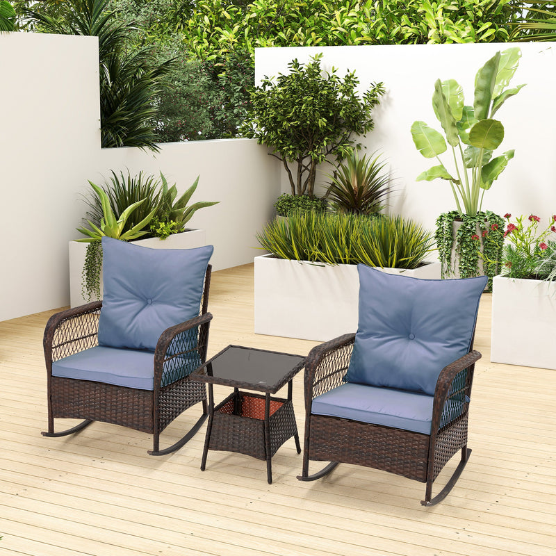 3-Piece Rattan Rocking Bistro Set with Glass Coffee Table for Porch & Garden