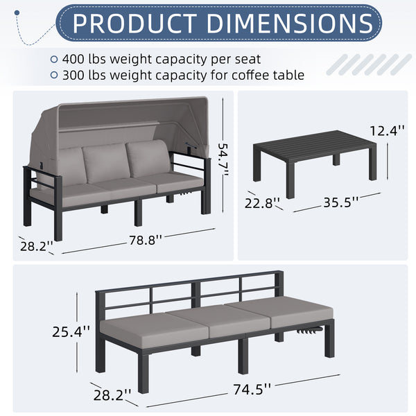 YODOLLA Patio Furniture Sets with Retractable Canopy & 2 Adjustable Backrests, Outdoor Furniture Sets with Coffee Table in Gray
