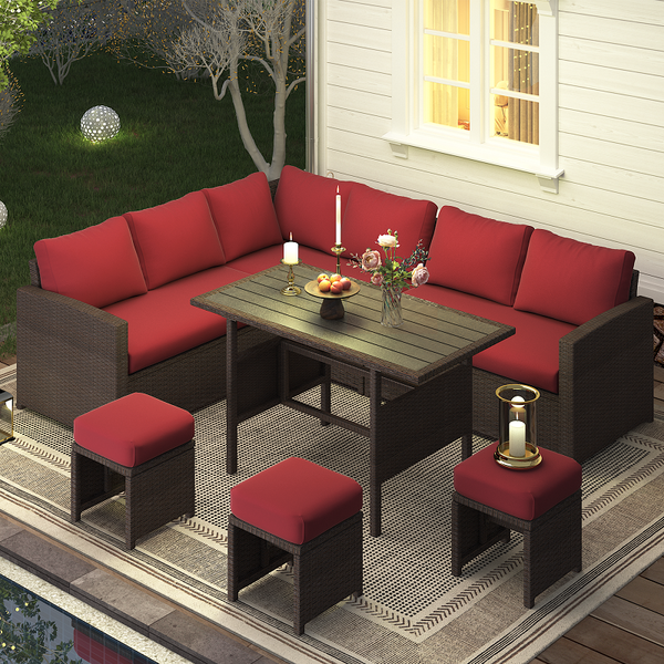 YODOLLA 7 Pc Patio Furniture Set PE Rattan Outdoor Sectional Sofa Couch Dining Set with Table Patio Conversation Set in Wine Red
