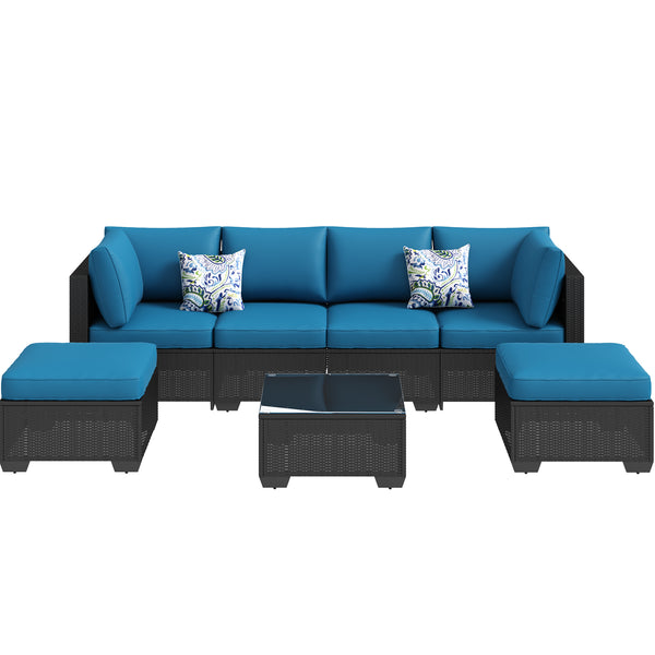 YODOLLA 7-Piece Patio Furniture Set on Sale, Black Rattan Wicker Outdoor Sectional Sofa Couch with Table Patio Conversation Set for Lawn& Backyard In Peacock Blue