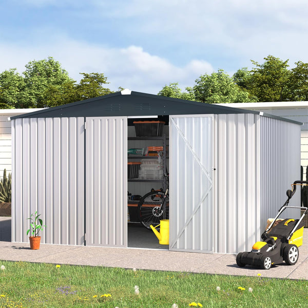 YODOLLA 10 x 12 ft. Outdoor Metal Storage Shed with Sliding Roof & Lockable Door,White