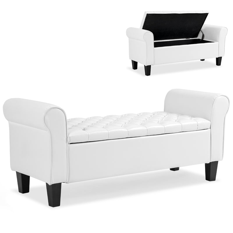 AVAWING Upgraded Armed Storage Bench, Leather Upholstered Bench Footrest with Hinged Lid for Living Room & Bedroom, White