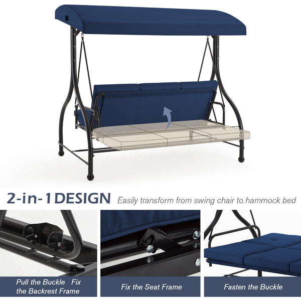AECOJOY 3 Person Canopy Steel Porch Swing, Converting Swing Glider Hammock-Dark Blue
