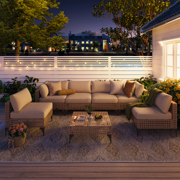 AECOJOY 7-Piece Patio Furniture Set, Boho Style Rattan Wicker Sectional Sofa Couch in Light Brown Rattan&Beige Cushions