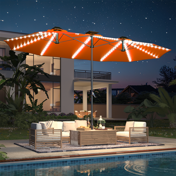 YODOLLA 15ft Patio Umbrella with Solar Lights, Outdoor Large Double Umbrella with 156 PCS LED Lights and Crank Handle for Backyard Deck Pool Shade,Orange