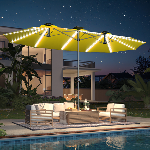 AECOJOY 15ft Patio Umbrella with Solar Lights,Outdoor Large Double Umbrella, Rectangle Table Umbrella with 156 PCS LED Lights and Crank Handle for Backyard Deck Pool Shade in Yellow