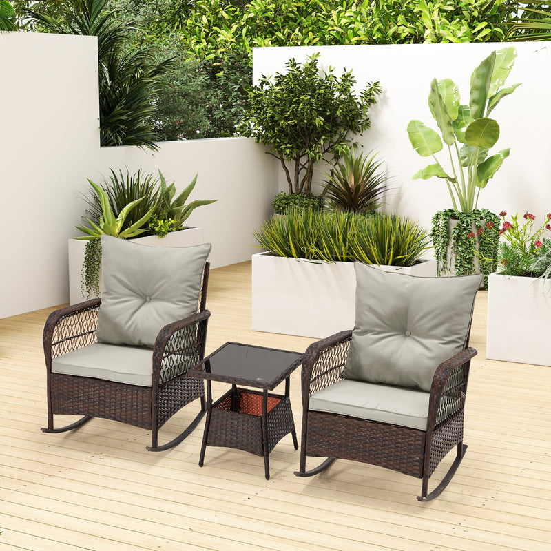 3-Piece Rattan Rocking Bistro Set with Glass Coffee Table for Porch & Garden