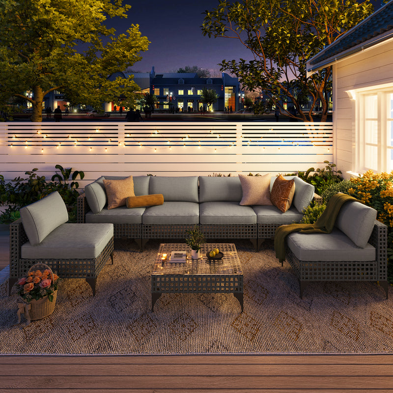 YODOLLA 7-Piece Patio Furniture Set with Tea Table, Rattan Wicker Outdoor Sectional Furniture Sofa Conversation Set, Grey Rattan&Light Grey Cushions