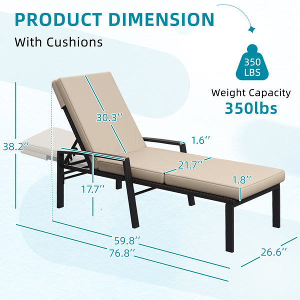 YODOLLA Outdoor Chaise Lounge Chairs Set with Adjustable for Comfortable Relaxation, Sturdy Rattan Loungers for Patio Poolside in Beige（2 Pcs）