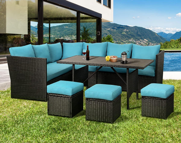 AECOJOY 7 Pcs Outdoor Rattan Sectional Sofa Couch with Dining Table and Protection Cover,Blue