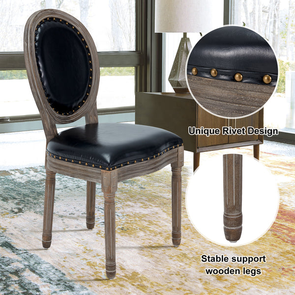 AVAWING French Country Leather Dining Chairs Set of 4, Farmhouse Dining Room Chairs Vintage Chair with Round Back, Solid Wood Legs Kitchen Chair for Dining Room/Living Room/Kitchen/Restaurant, Black