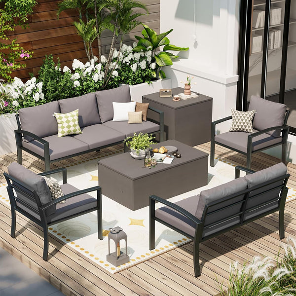 AECOJOY 7 Pieces Outdoor Furniture Sets Patio Sets on sale with 2 Storage Boxes Outdoor Metal Patio Sectional sofa Set with Grey Cushions