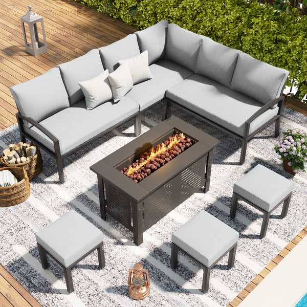 YODOLLA 7 Pieces Metal Patio Furniture Sets with 43" Fire Pit Table Patio Conversation Set Outdoor Sectional Sofa Metal Dining Furniture, Light Gray