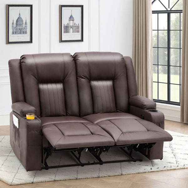 YODOLLA Manual Reclining Loveseat with Cup Holders&Side Pockets, PU Leather Double Recliner Loveseat Home Theater Seating-Brown