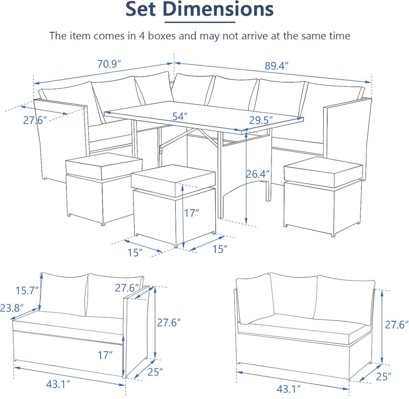 AECOJOY 7 Piece Patio Conversation Set, Outdoor Sectional Sofa Rattan Wicker Dining Furniture in Dark Blue