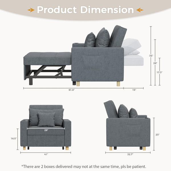 YODOLLA 3-in-1 Futon Convertible Sleeper Sofa Bed Chair with Cup Holder for Living Room,Pull Out Couch in Dark Grey