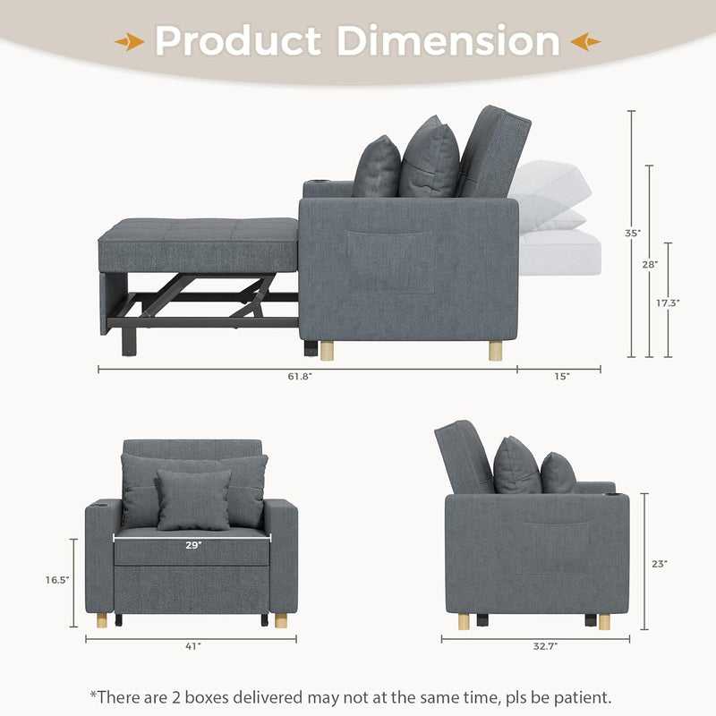 YODOLLA 3-in-1 Futon Convertible Sleeper Sofa Bed Chair with Cup Holder for Living Room,Pull Out Couch in Dark Grey