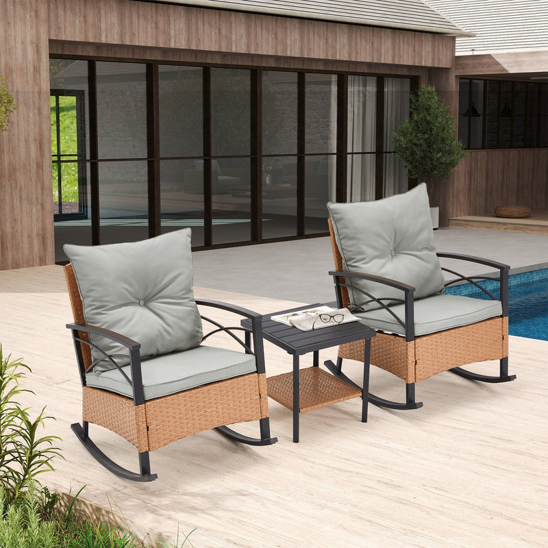3-Piece Bistro Set: Outdoor Rattan Rocking Chairs with Cushions and Coffee Table