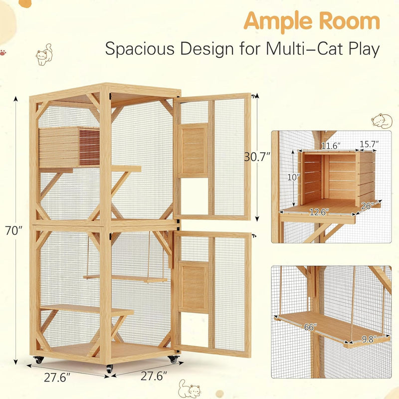 YODOLLA Catio Enclosure for Cats,Wooden Outdoor Cat House with Hammock in Natural Color
