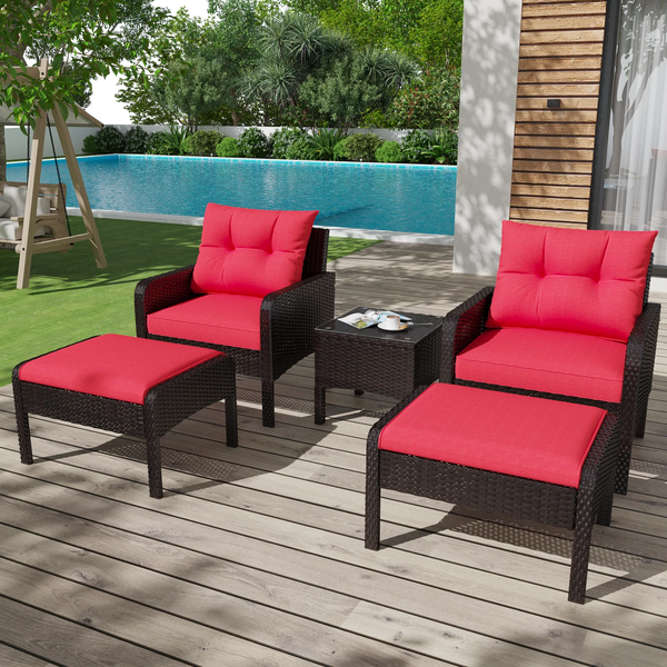 AECOJOY 5 Pieces Patio Furniture Set Rattan Wicker Chair Two with Ottoman Outdoor furniture sets in Red