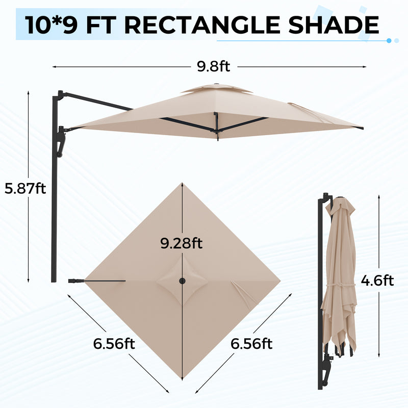 AECOJOY 10 ft Wall Mounted Patio Umbrella Outdoor Rectangle Umbrella with 180° Rotation for Outside in Beige