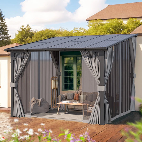 YODOLLA 10' x 10' Hardtop Gazebo Outdoor Lean to Gazebo with Netting and Curtain Aluminum Metal Pergola For Garden, Patio, Backyard-Dark Gray