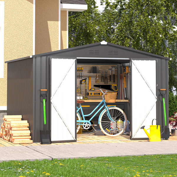 YODOLLA 10 x 8 ft. Outdoor Metal Storage Shed with Sliding Roof & Lockable Door in Dark Grey