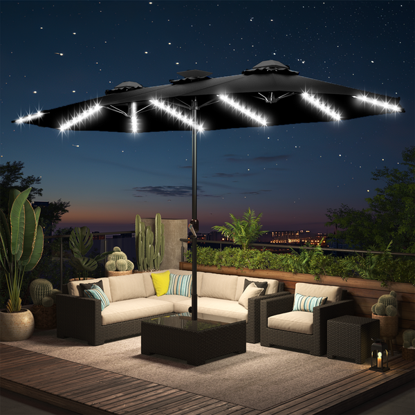 YODOLLA 15ft Patio Umbrella with Solar Lights, Outdoor Large Double Umbrella with 156 PCS LED Lights and Crank Handle for Backyard Deck Pool Shade,Black