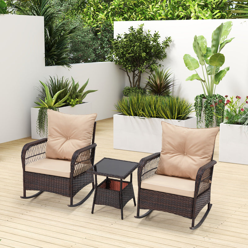 3 pcs Rocking Bistro Set, Outdoor PE Rattan Rocking Chairs with Tempered Glass Coffee Table