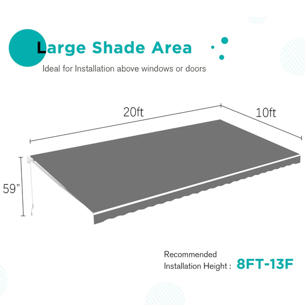 AECOJOY 20' x 10' Manual Retractable Patio Awning,Outdoor Awning Retractable Sunshade Shelter-Gray