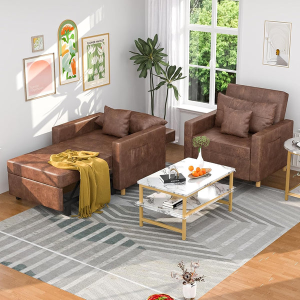 AECOJOY 3-in-1 Convertible Chair Bed Sleeper & Futon Sofa Bed Chair with Adjustable Backrest and 2 Pillows-Saddle Brown