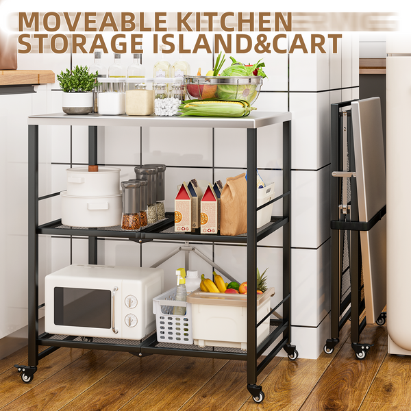 AECOJOY Foldable Outdoor Grill Cart Rolling Dining Table with Three-Shelf,Garden Patio BBQ Kitchen Food Prep Cart,Grey