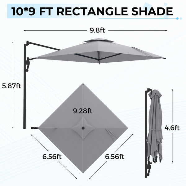 AECOJOY 10 ft Wall Mounted Patio Umbrella Outdoor Rectangle Umbrella with 180° Rotation for Outside in Gray