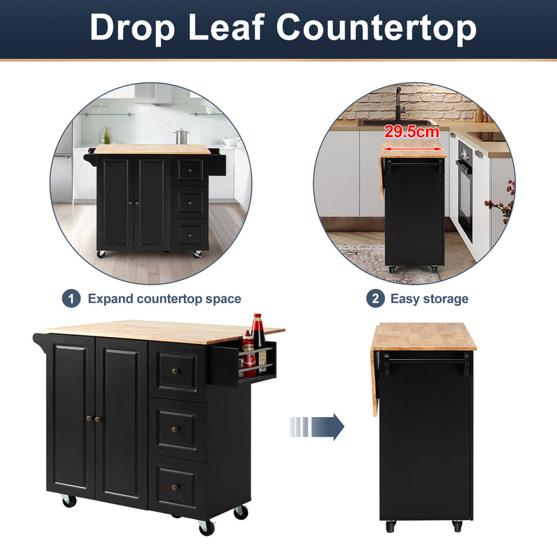 AVAWING Rolling Kitchen Island Cart with Storage,Wood Tabletop Kitchen Cart w/ 2 Wheels, Trolley Cart Utility Cabinet, Towel Rack, Spice Rack, Black