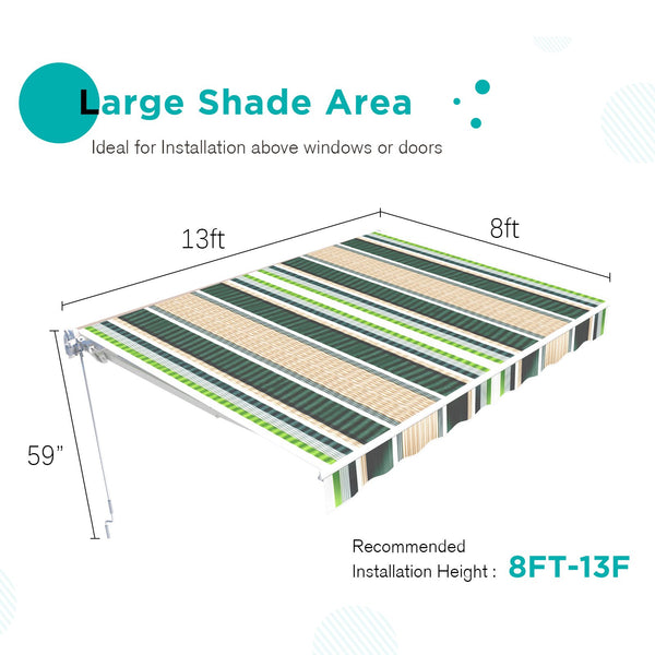 AECOJOY 13' x 8' Manual Retractable Patio Awning,Outdoor Awning Retractable Sunshade Shelter-Mixed Beige Green Stripes