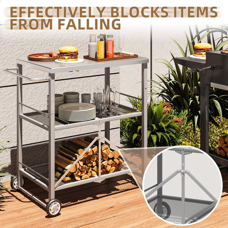 AECOJOY Foldable Outdoor Grill Cart 3 Tiers Stainless Steel Rolling Cart with Wheels Metal Utility Storage Trolley,Silver
