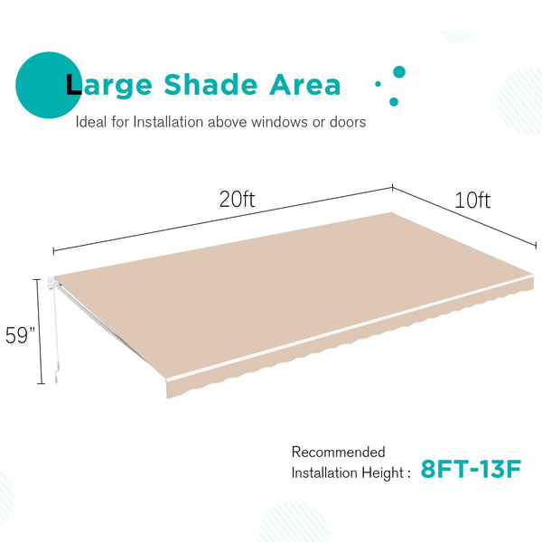 AECOJOY 20' x 10' Manual Retractable Patio Awning,Outdoor Awning Retractable Sunshade Shelter-Beige