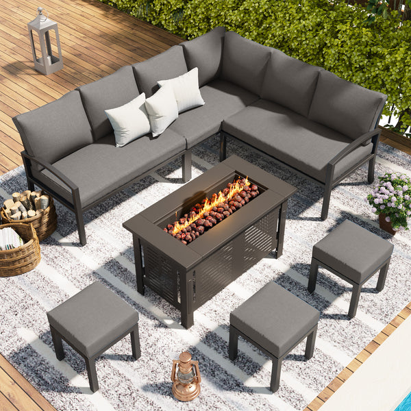 YODOLLA 7 Pieces Metal Patio Furniture Sets with 43" Fire Pit Table Patio Conversation Set Outdoor Sectional Sofa Metal Dining Furniture, Dark Gray