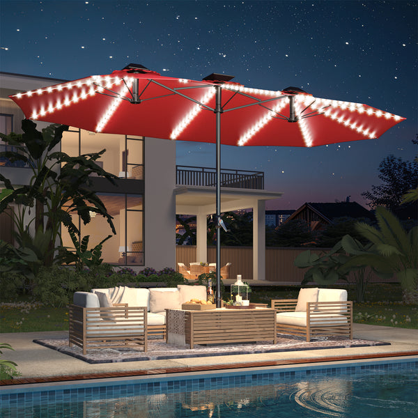 YODOLLA 15ft Patio Umbrella with Solar Lights, Outdoor Large Double Umbrella with 156 PCS LED Lights and Crank Handle for Backyard Deck Pool Shade, Red