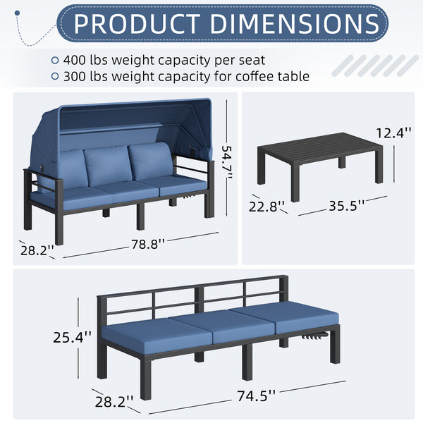 YODOLLA Patio Furniture Sets with Retractable Canopy & 2 Adjustable Backrests, Outdoor Furniture Sets with Coffee Table in Dark Blue