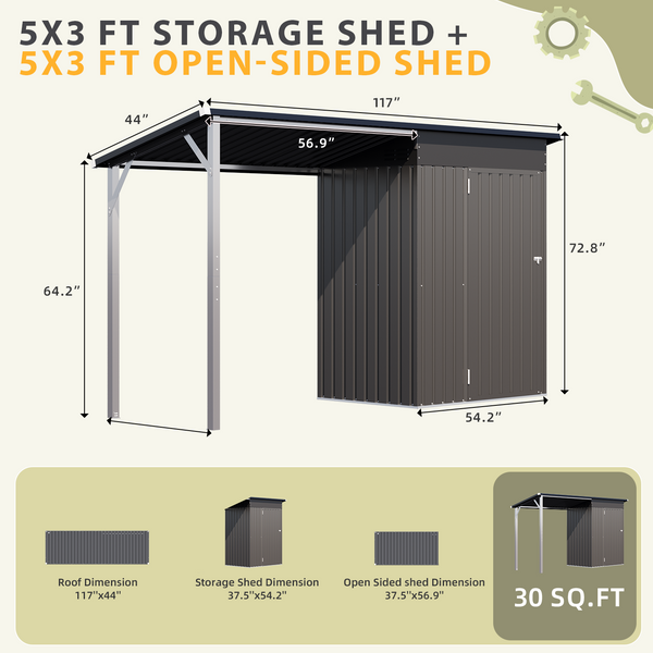 AECOJOY Outdoor Open-Sided Storage Shed, 3x5 Sheds & Outdoor Storage with 15 Sq. Ft Covered, 5x3 Small 2-in-1 Tool Shed with Attached Hardtop Metal Pergola Gazebo