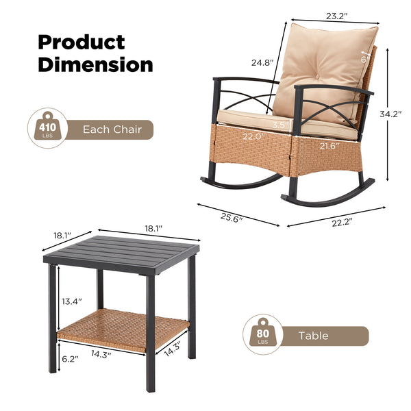 3-Piece Bistro Set: Outdoor Rattan Rocking Chairs with Cushions and Coffee Table