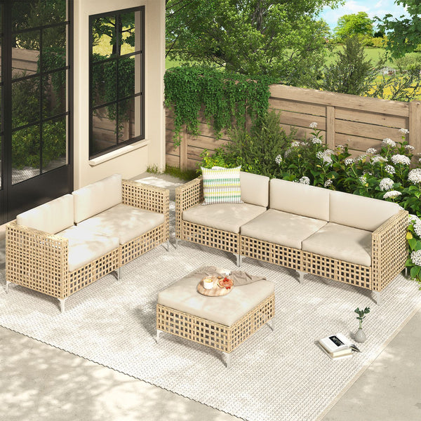 YODOLLA 6-Piece Patio Furniture Set, Boho Style Rattan Wicker 3-Seater Sofa Couch & Loveseat with Coffee Table In Beige