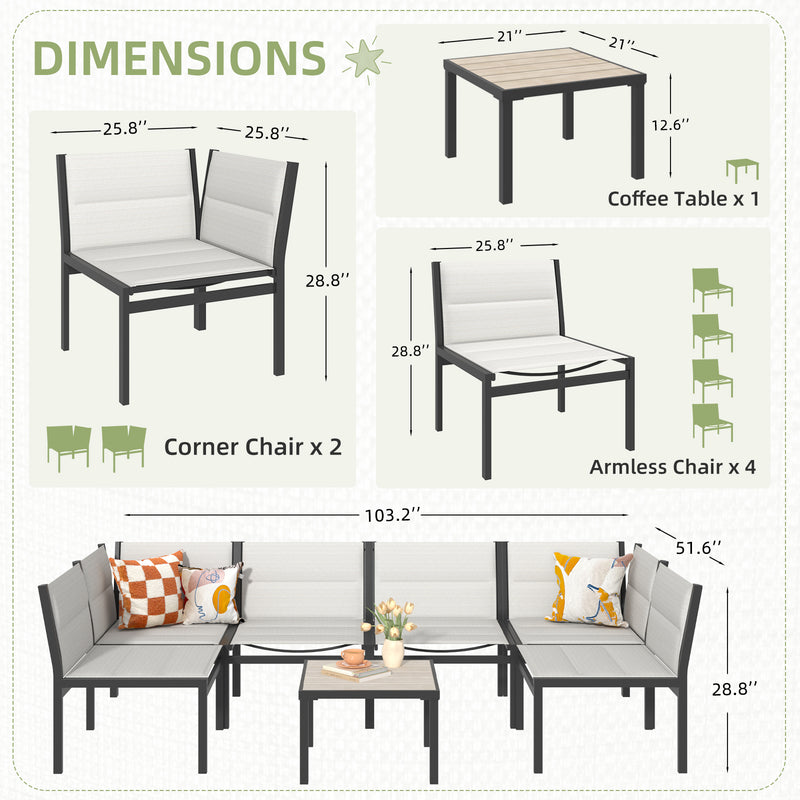 AECOJOY Outdoor Furniture Sets, 7 Pieces Cotton-Filled Textilene Fabric Outdoor Coffee Table and Chairs for Garden, Off-White